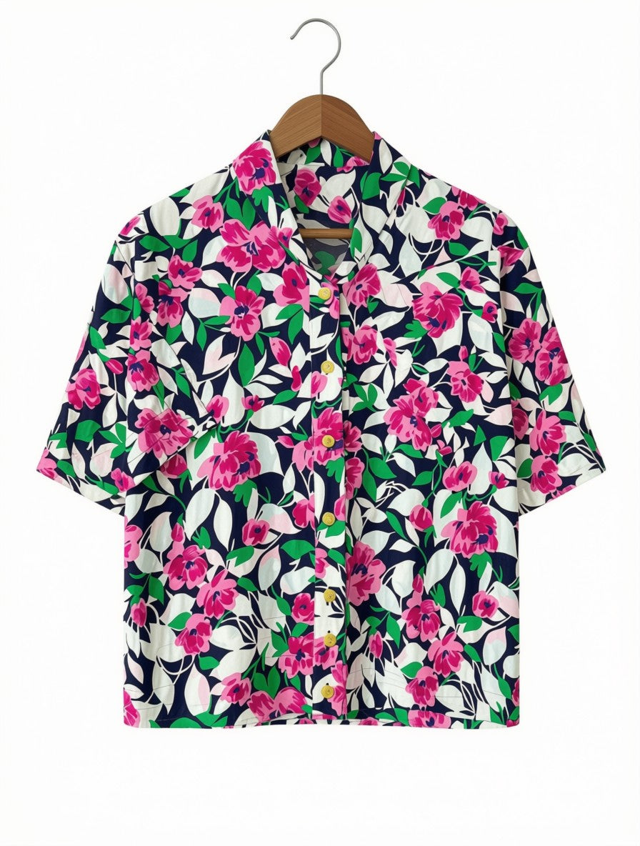 Women's Preloved Bold Tropical Floral Camp Collar Shirt (Size L)