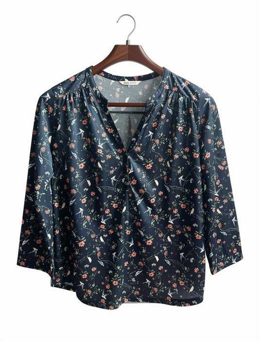 Women's Preloved Navy Floral & Bird Print V-Neck Blouse