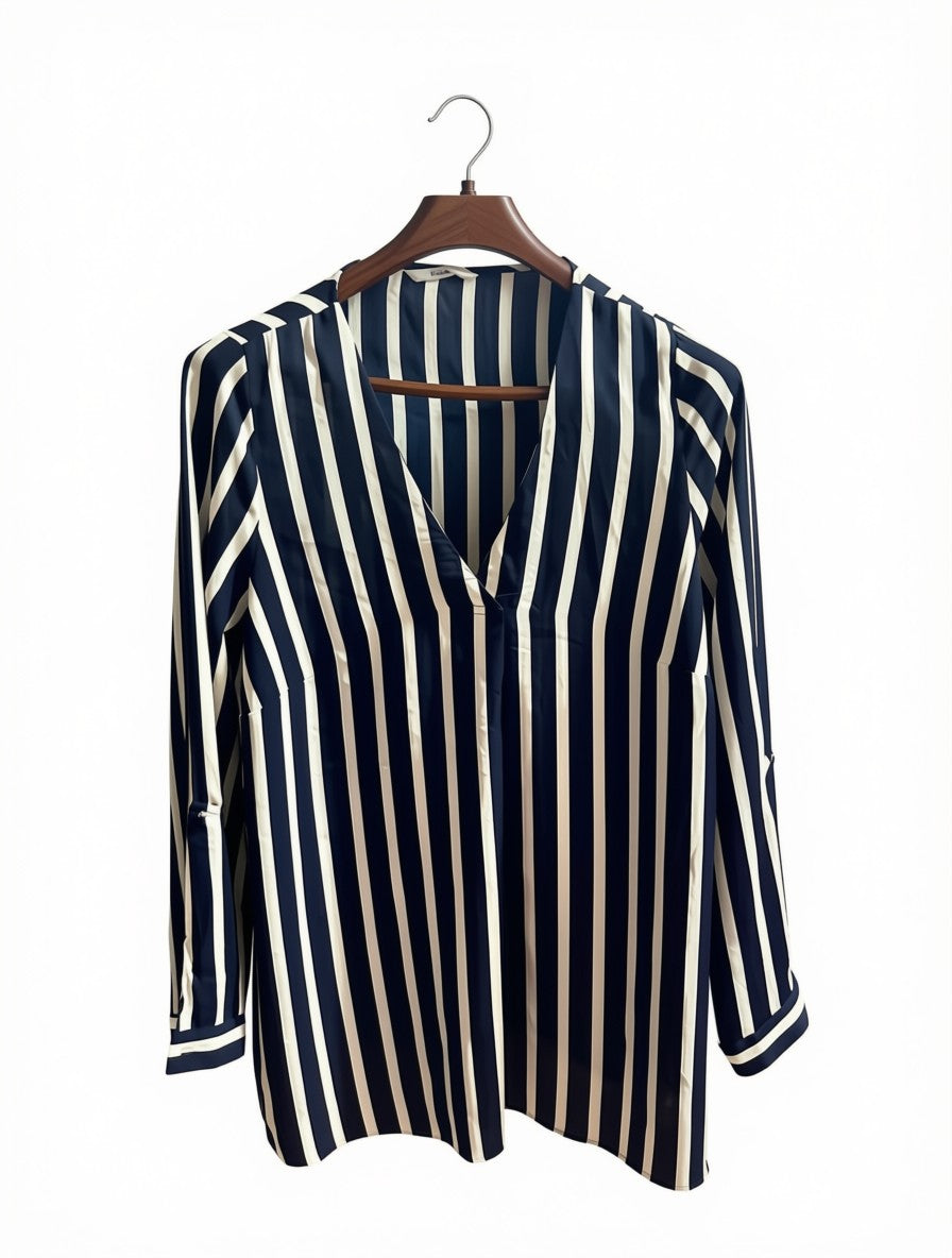 Women's Preloved Navy Striped V-Neck Tunic Blouse (Size M)