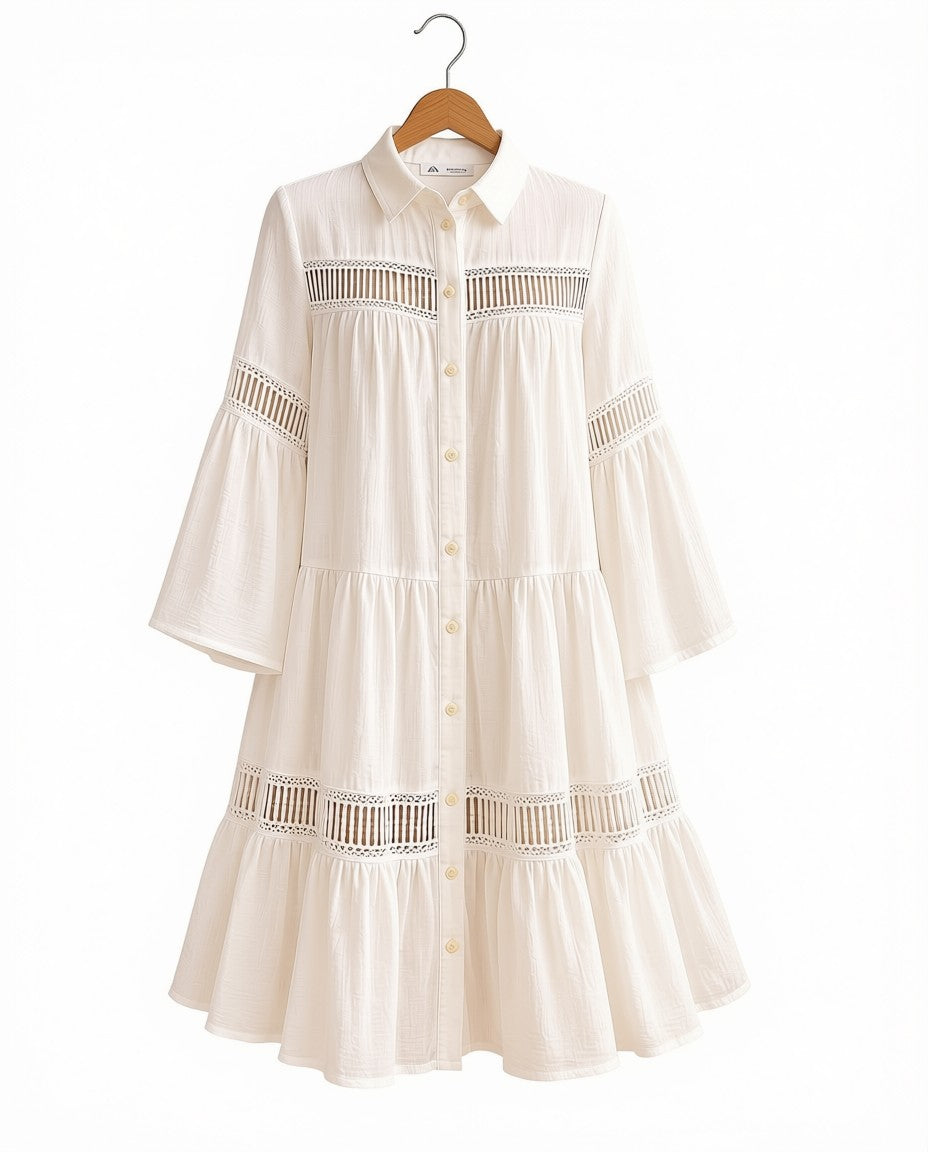 White Chiffon Tiered Maxi Dress - Long Bell Sleeve Hollow Out Lace Pleated Frock