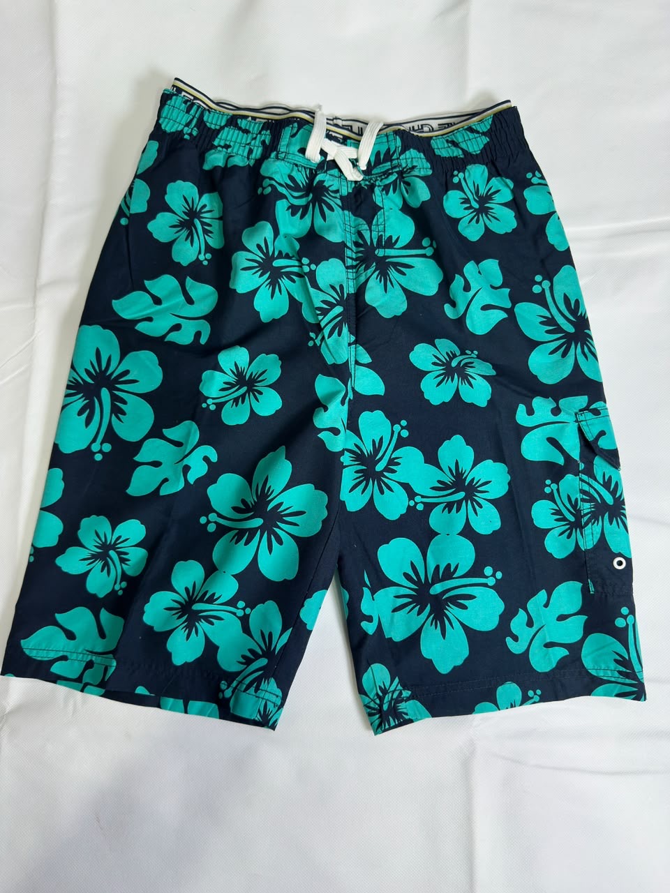 Preloved Tropical Cyan Hibiscus Floral Print Black Swim Shorts
