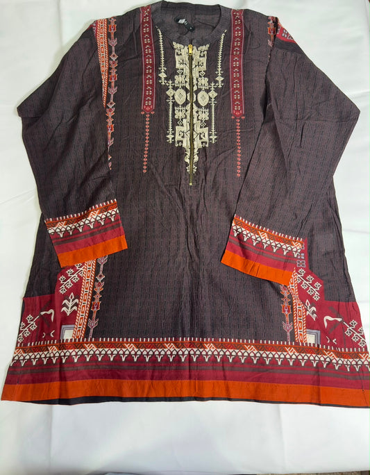 Preloved Women's Charcoal Grey & Rust Ethnic Embroidered Zipper Kurti