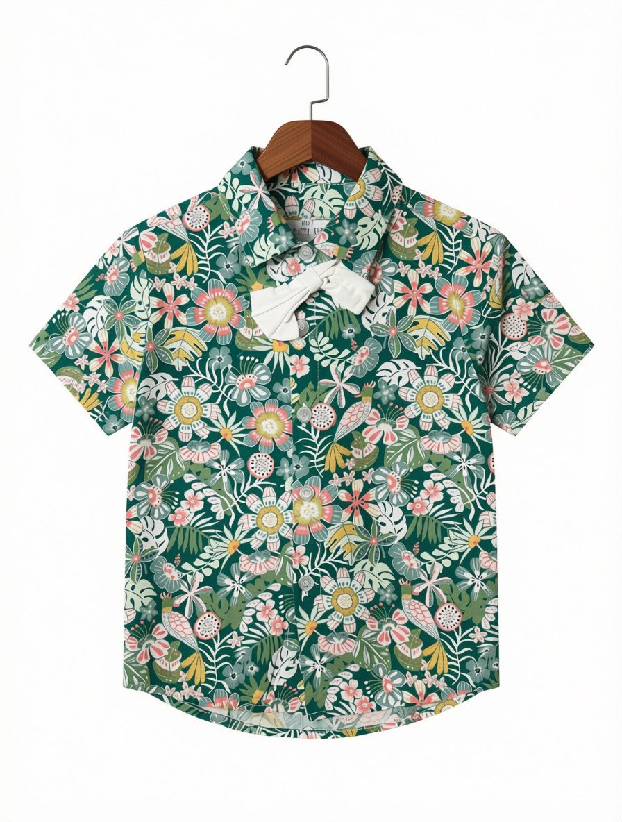 Girls Preloved Tropical Floral Blouse with Bow Tie (Size 7-8Y)