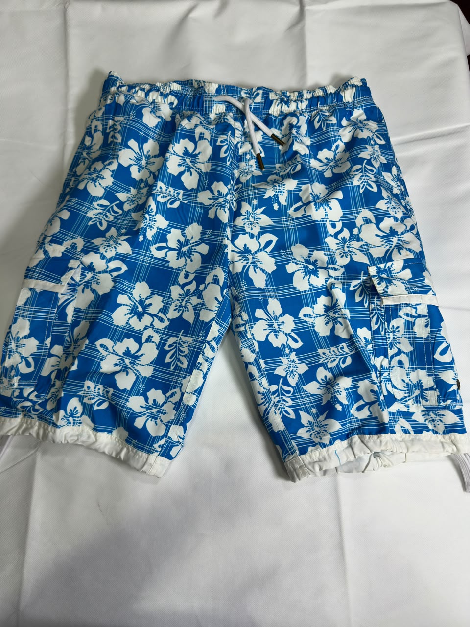 Preloved Electric Blue Hawaiian Floral Plaid Elastic Drawstring Swim Shorts