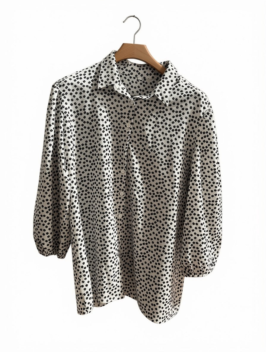 Women's Preloved White Polka Dot Balloon-Sleeve Blouse (Size M
