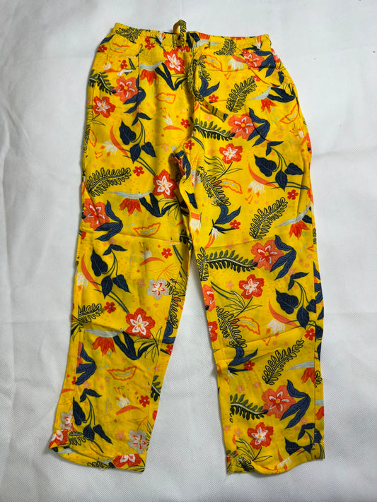 Preloved Girls Bright Yellow Tropical Floral Print Drawstring Elastic Waist Trousers