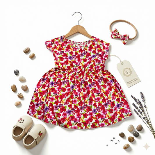 Toddler Girls Multi-Color Floral Print Summer Dress - Cute Cotton Short Sleeve Frock