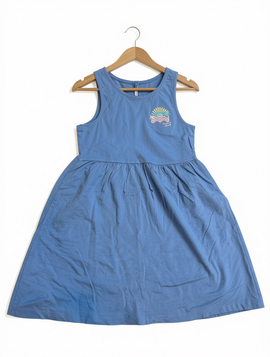 Preloved Kids Sunset Beach Graphic Sleeveless Dress – Slate Blue (Size 11-12 Years)