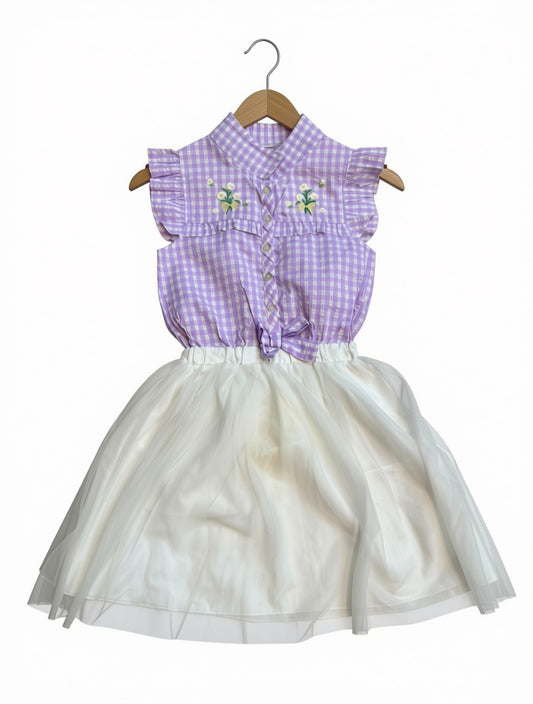 Preloved Kids Lavender Gingham Embroidered Tutu Dress – Pastel Purple & Off-White (Size 5-6 Years)