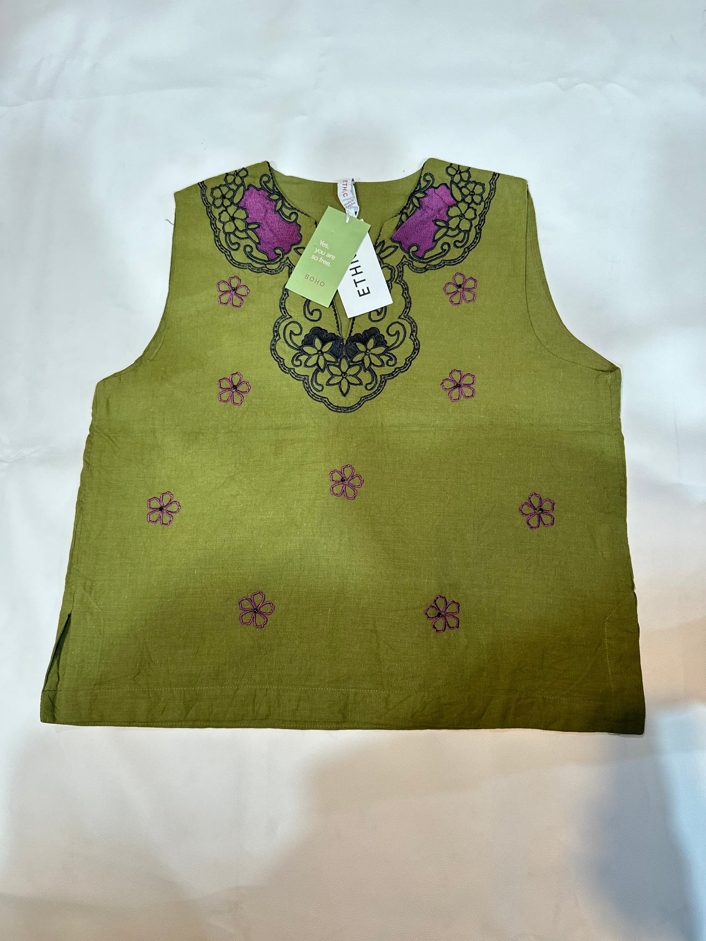 ETHNIC Olive Green Embroidered Sleeveless Kurti Top (BNWT)
