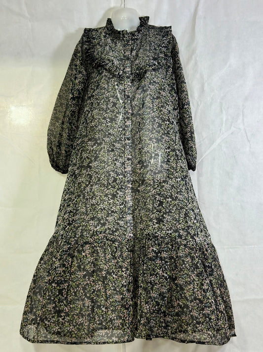 Preloved Black Floral Sheer Chiffon Ruffle High-Neck Tiered Maxi Dress