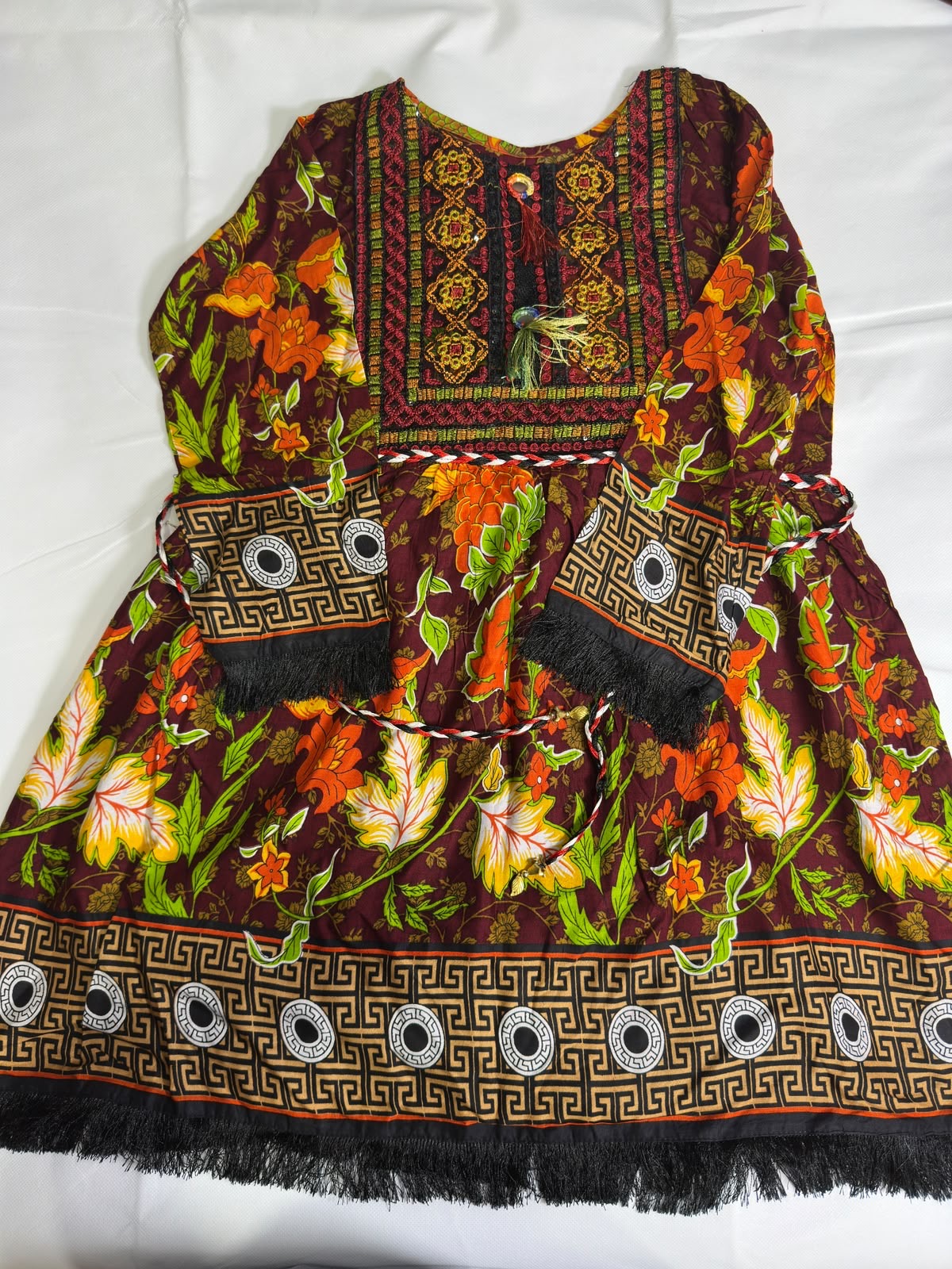 Preloved Women's Maroon Balochi Style Embroidered Floral Frock