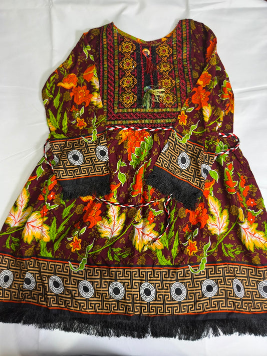 Preloved Women's Maroon Balochi Style Embroidered Floral Frock
