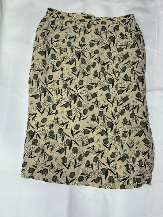 Preloved Vintage Beige Tulip Print Paneled Flared Midi Skirt