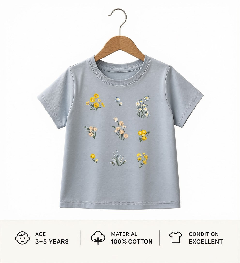 Preloved Kids Wildflower Graphic T-Shirt – Pastel Light Blue 100% Cotton (Ages 3-5)