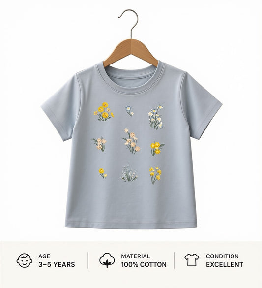Preloved Kids Wildflower Graphic T-Shirt – Pastel Light Blue 100% Cotton (Ages 3-5)