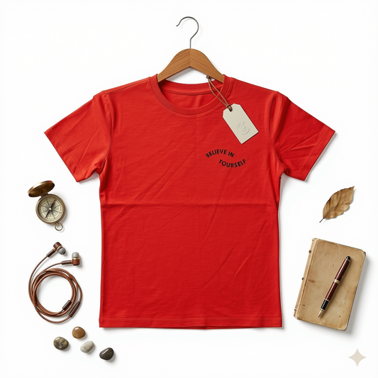 Kids "Believe in Yourself" Red Graphic T-Shirt - Inspirational Cotton Crew Neck Tee