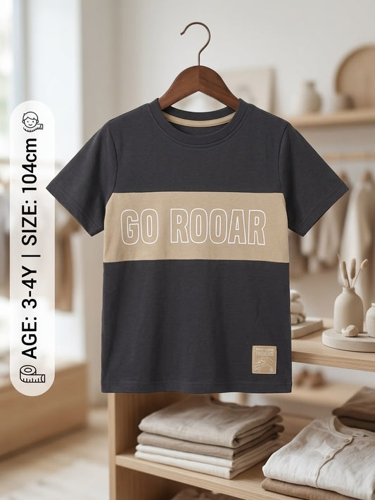 Preloved Kids "Go Rooar" Colorblock Graphic T-Shirt – Dark Grey & Tan (Ages 3-4Y)