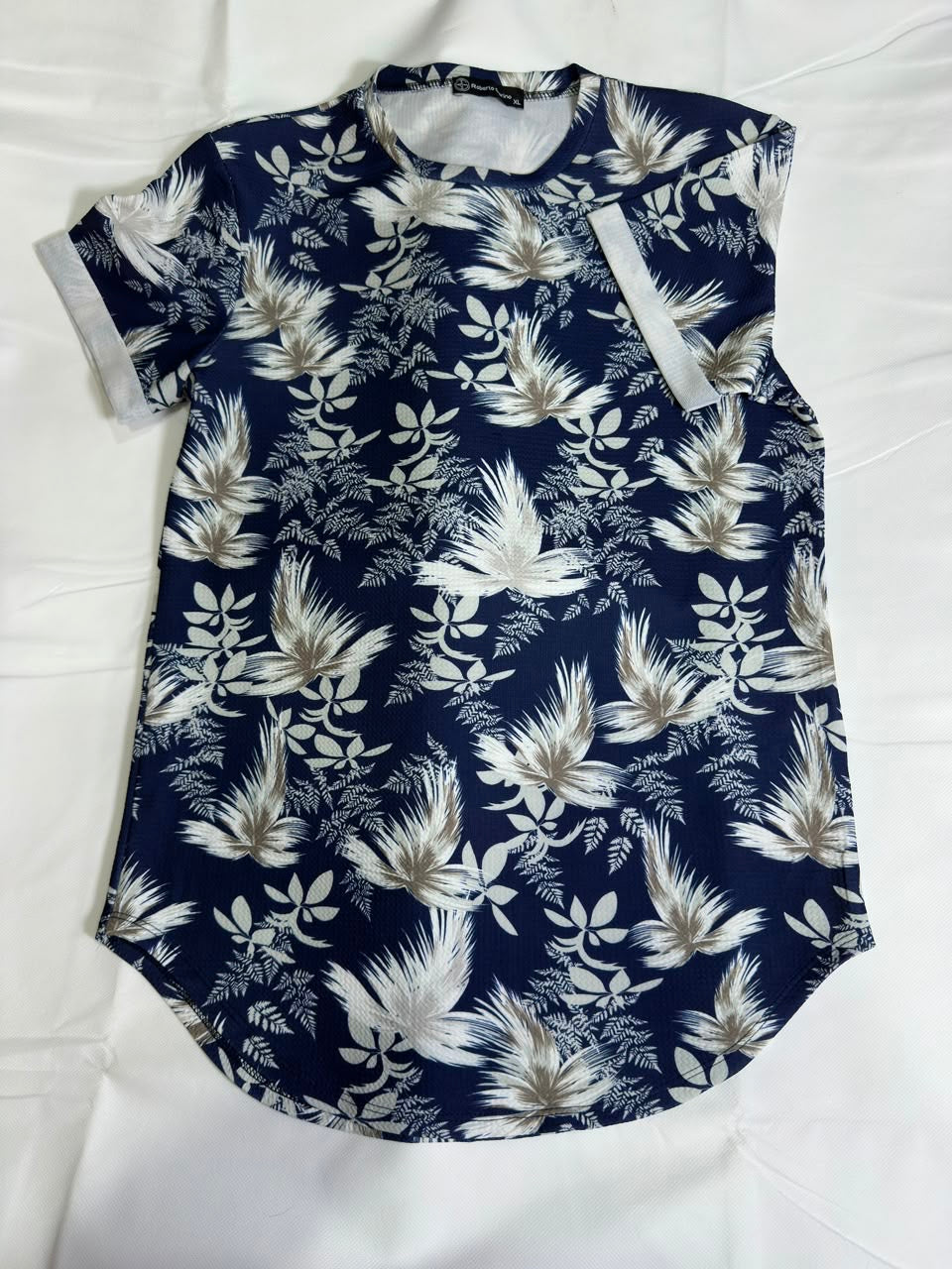 Men's Preloved Navy Blue Tropical Leaf Floral All-Over Print T-Shirt