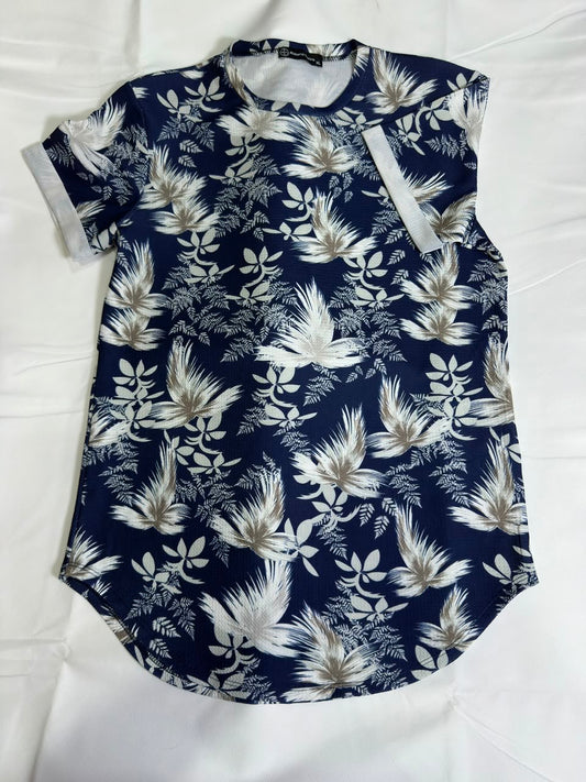 Men's Preloved Navy Blue Tropical Leaf Floral All-Over Print T-Shirt