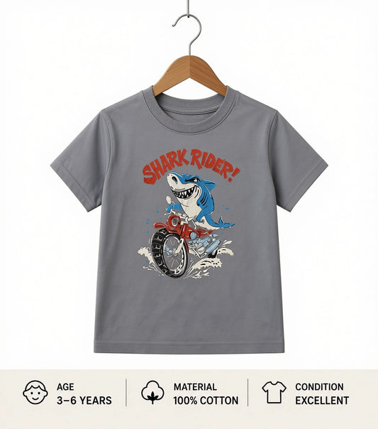 Preloved Kids "Shark Rider" Graphic T-Shirt – Grey 100% Cotton (Ages 3-6)