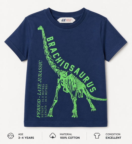 Preloved H&M Kids Brachiosaurus Skeleton Graphic T-Shirt – Navy Blue 100% Cotton (Ages 3-4)