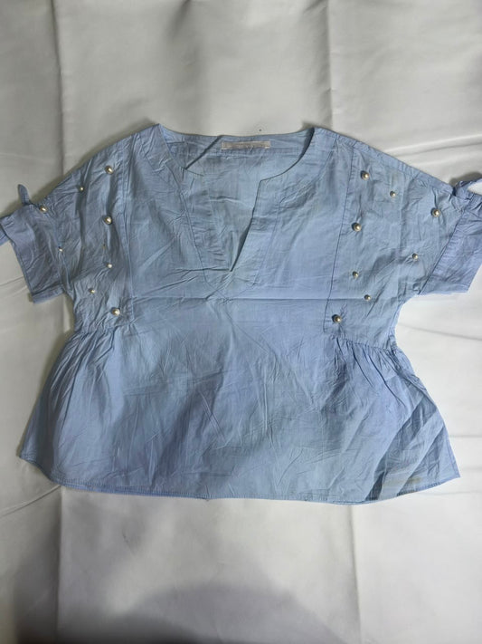 Preloved Light Blue Pearl-Embellished Peplum Short Sleeve Blouse
