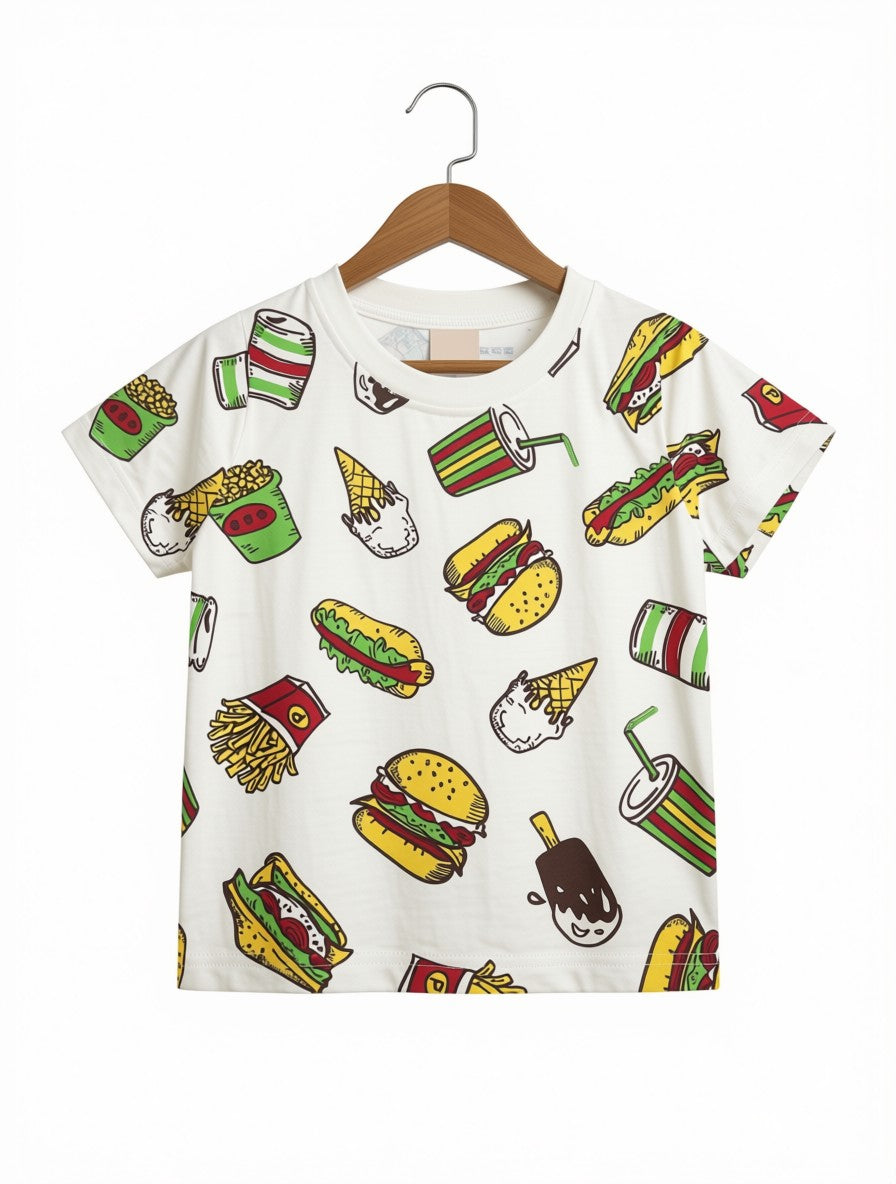 Preloved Kids All-Over Fast Food Graphic T-Shirt – White (Size 120)