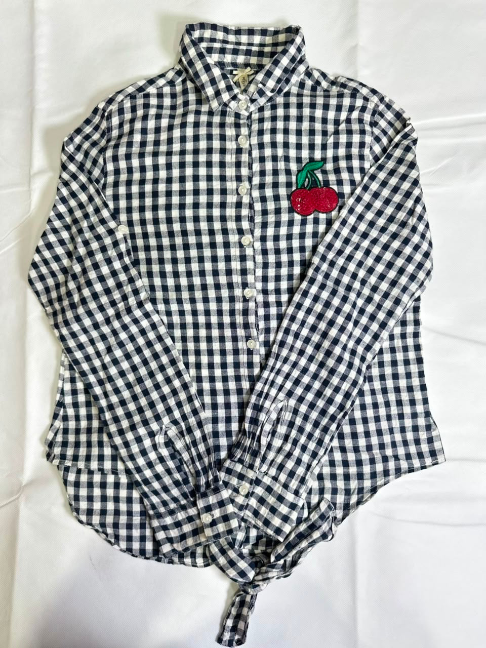 Preloved Navy Gingham Cherry Embroidered Tie-Front Long Sleeve Shirt