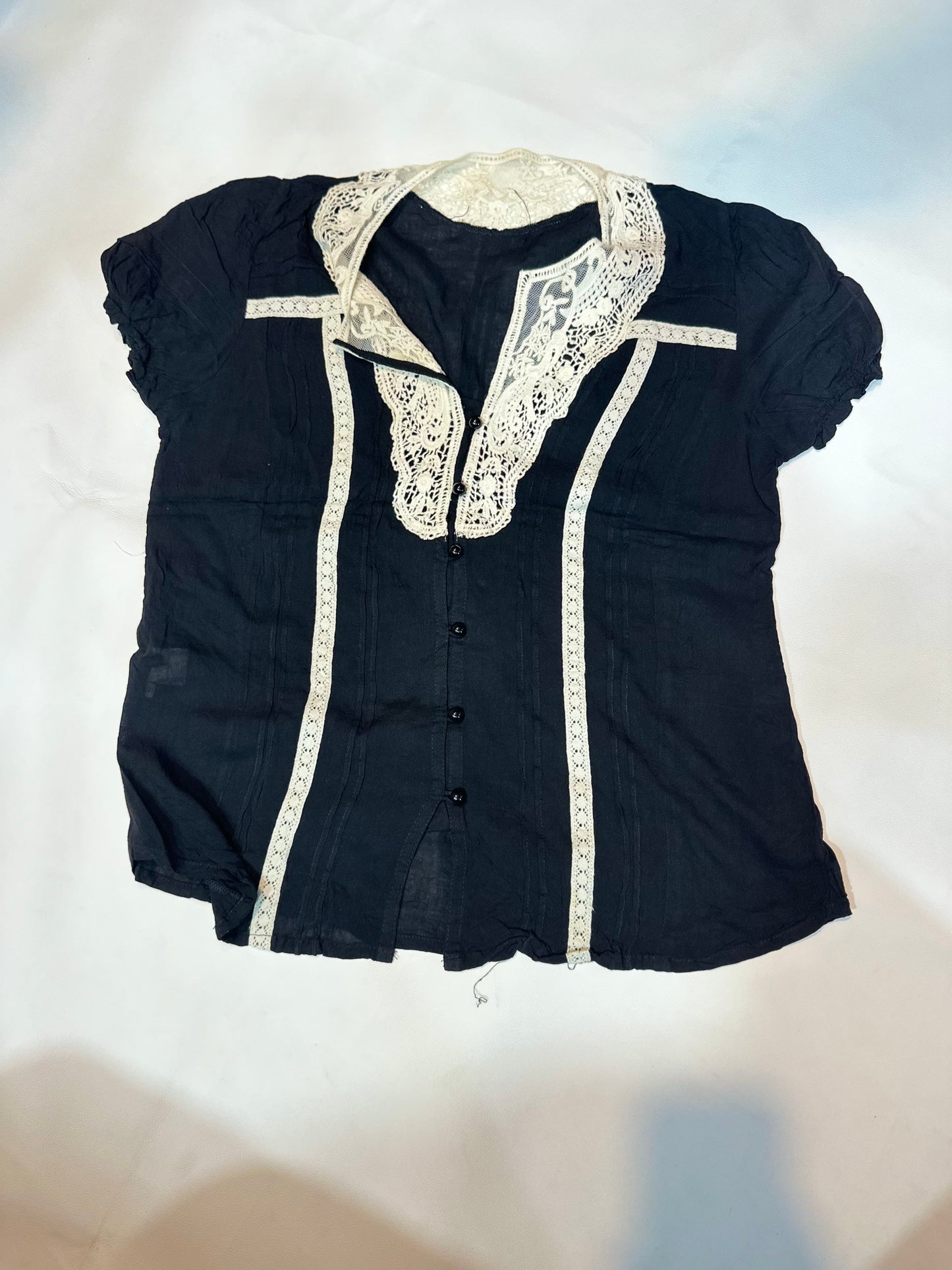 Ladies' Preloved Black Vintage Lace Trim Button-Down Blouse