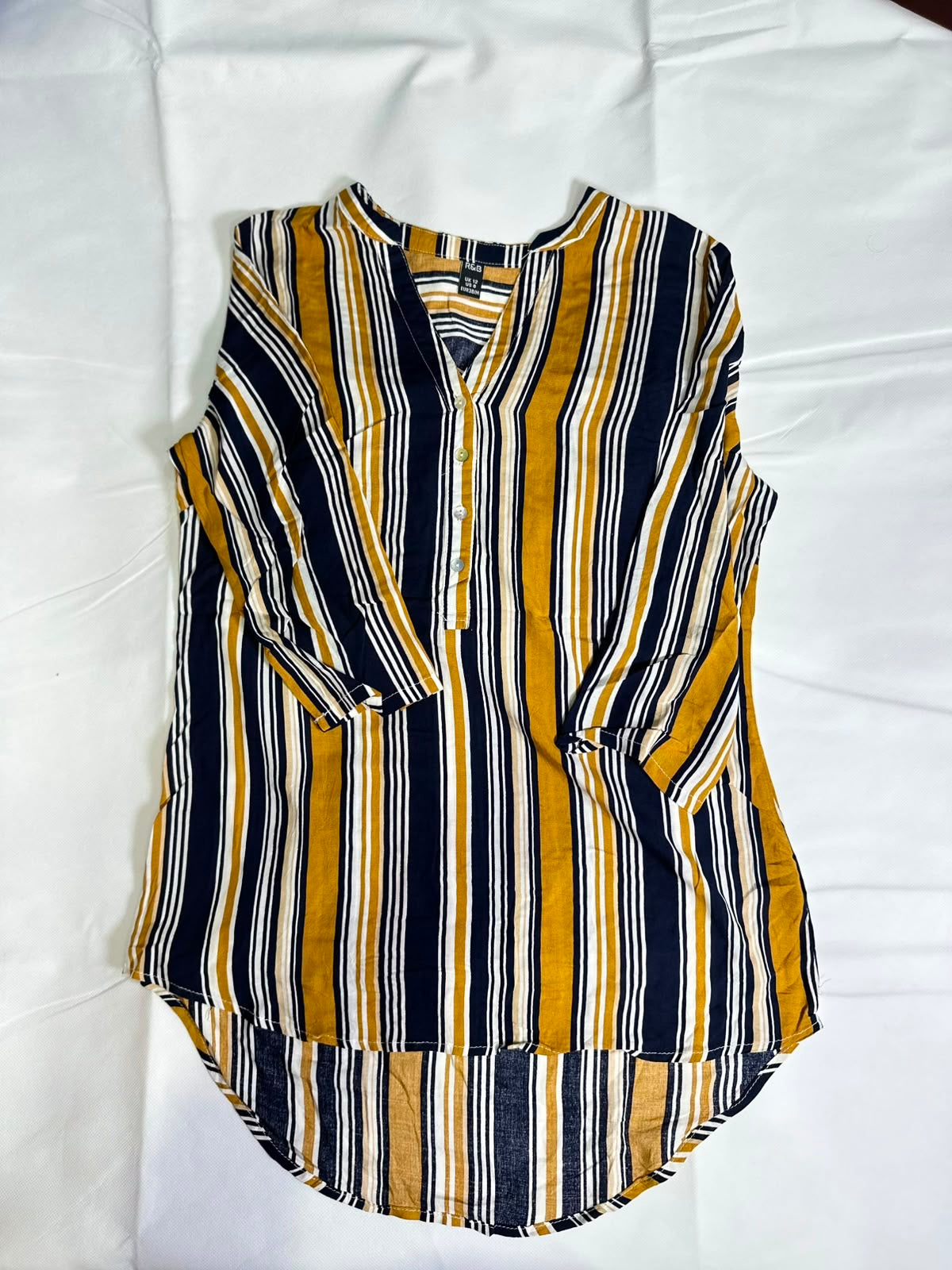 Preloved R&B Mustard & Navy Vertical Striped Henley Tunic Top