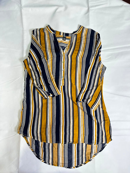 Preloved R&B Mustard & Navy Vertical Striped Henley Tunic Top