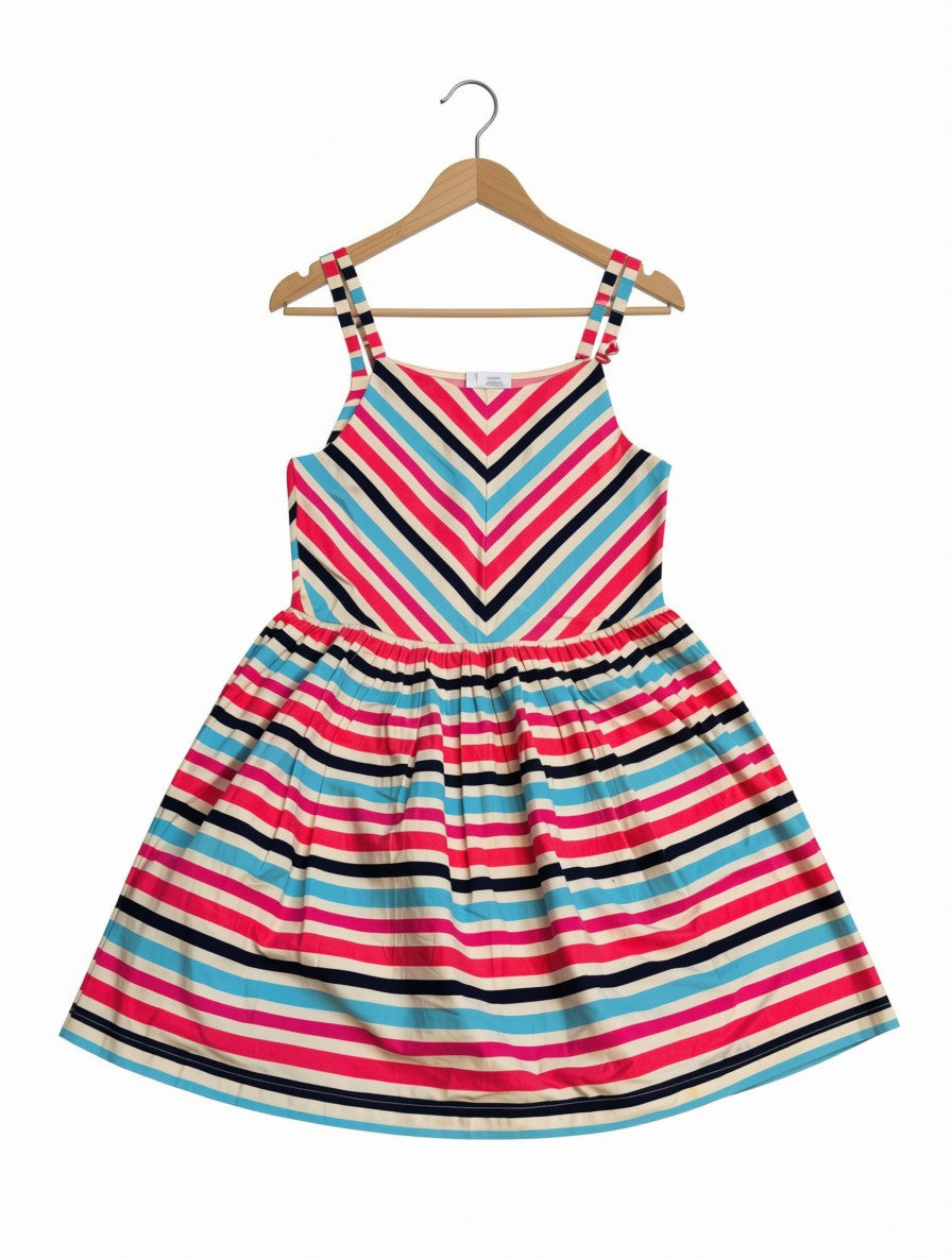 Preloved Mango Kids Multi-Color Striped Strappy Dress – Chevron Bodice & Flare Skirt (Size 7-8 Years)