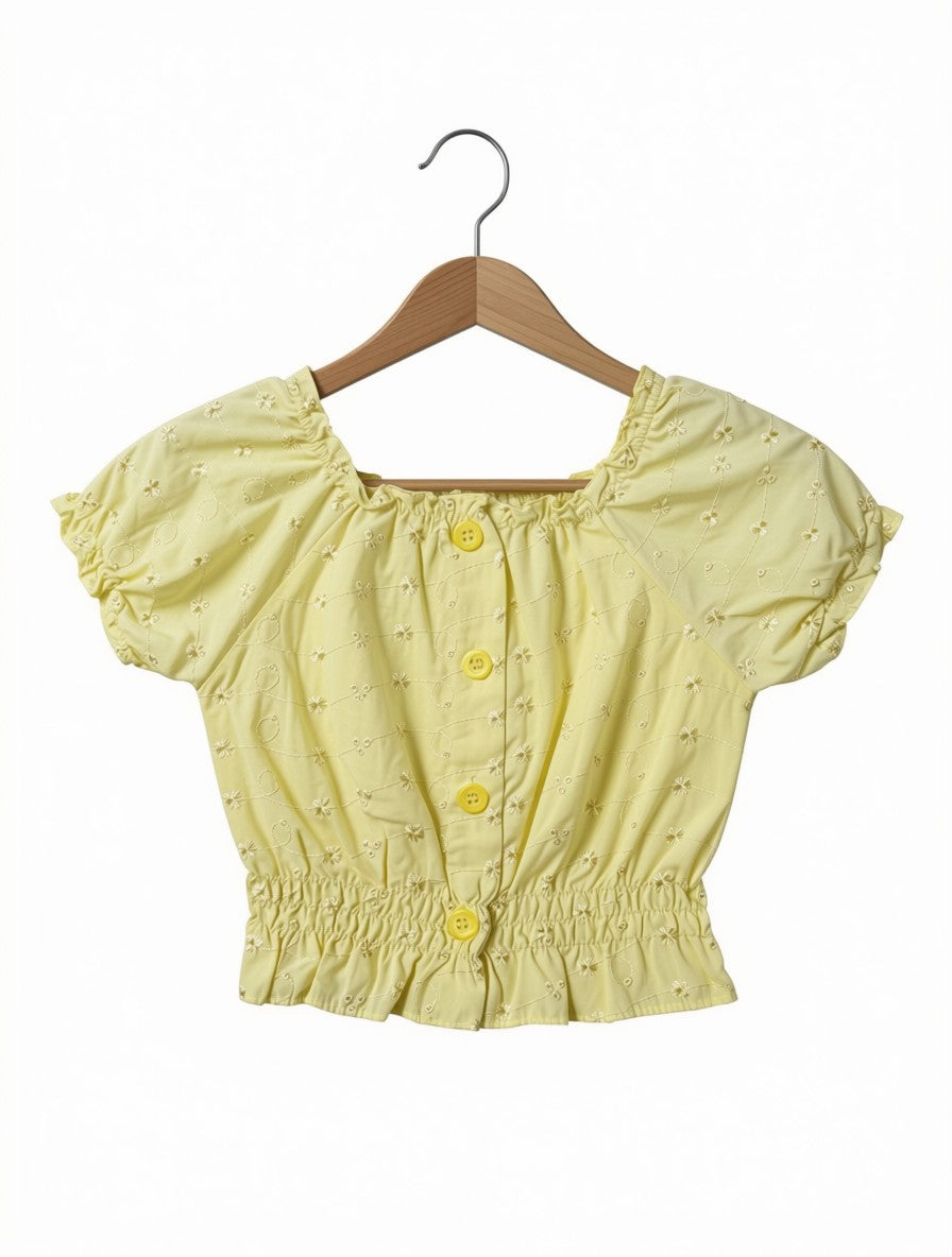 Girls Preloved Yellow Eyelet Milkmaid Top (Size 2-3Y)