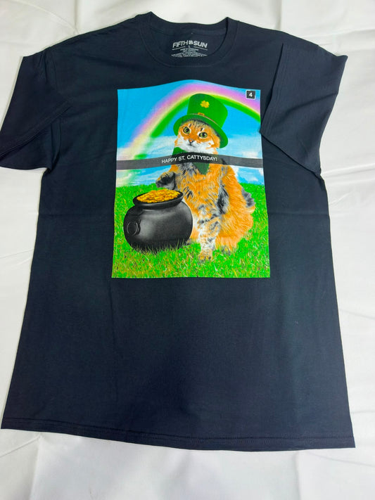Preloved Black "Happy St. Cattysday!" Leprechaun Cat Graphic T-Shirt