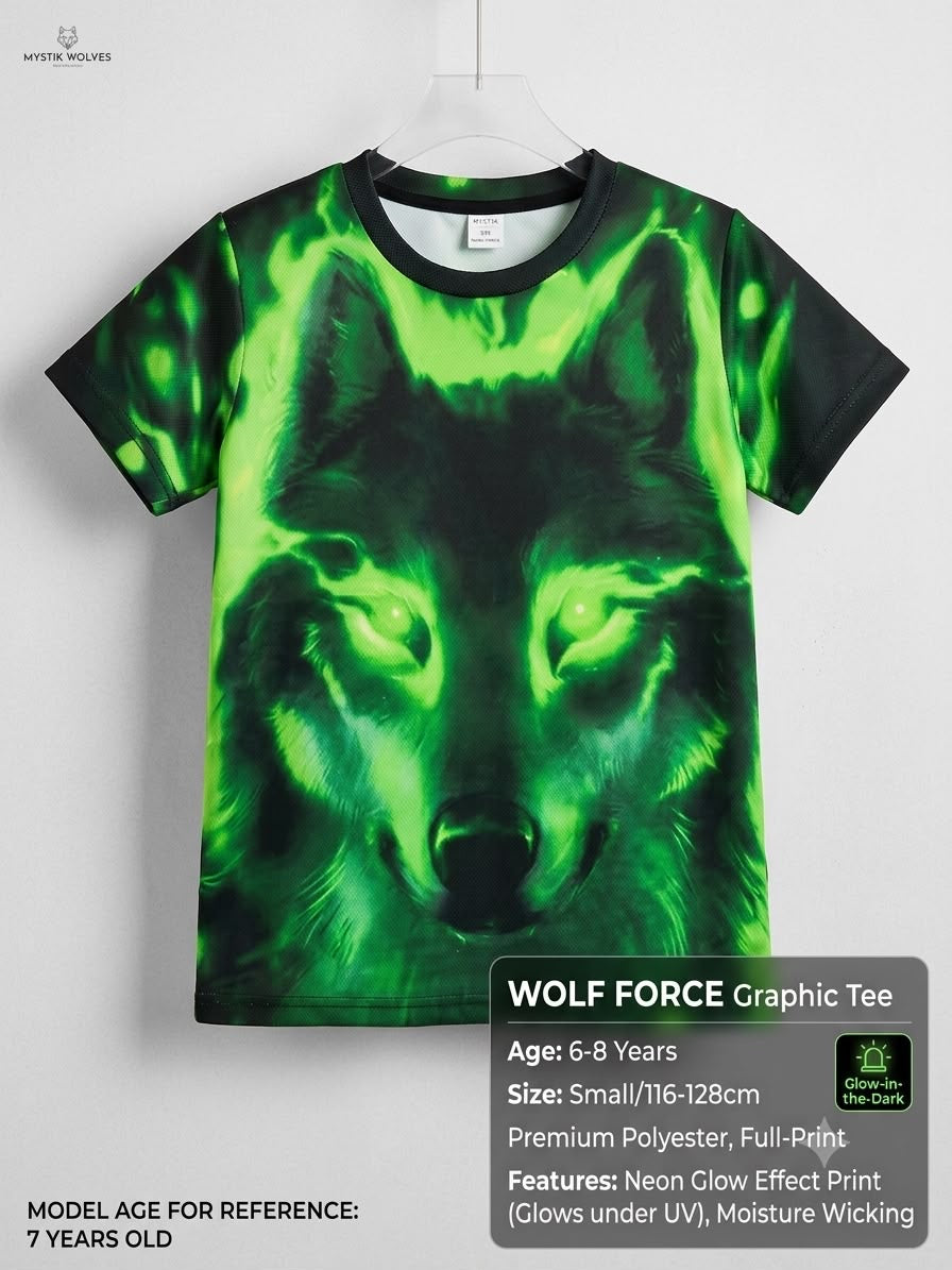Mystik Wolves Wolf Force Graphic T-Shirt Kids Age 6–8 Years | Neon Wolf Print Tee | Excellent Condition