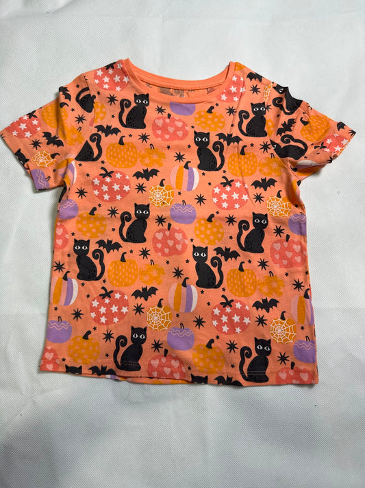 Preloved Baby Girls Peach Halloween Black Cat & Colorful Pumpkin Short Sleeve T-Shirt