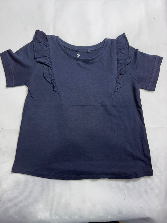 Preloved Baby Girls Dark Navy Blue Ruffle Shoulder Short Sleeve T-Shirt