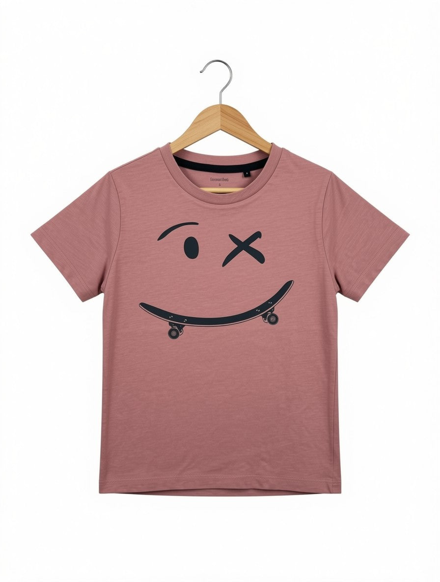 New (Thrift Inventory) Favourites Kids Skateboard Smiley Graphic T-Shirt – Dusty Rose (Size 5)