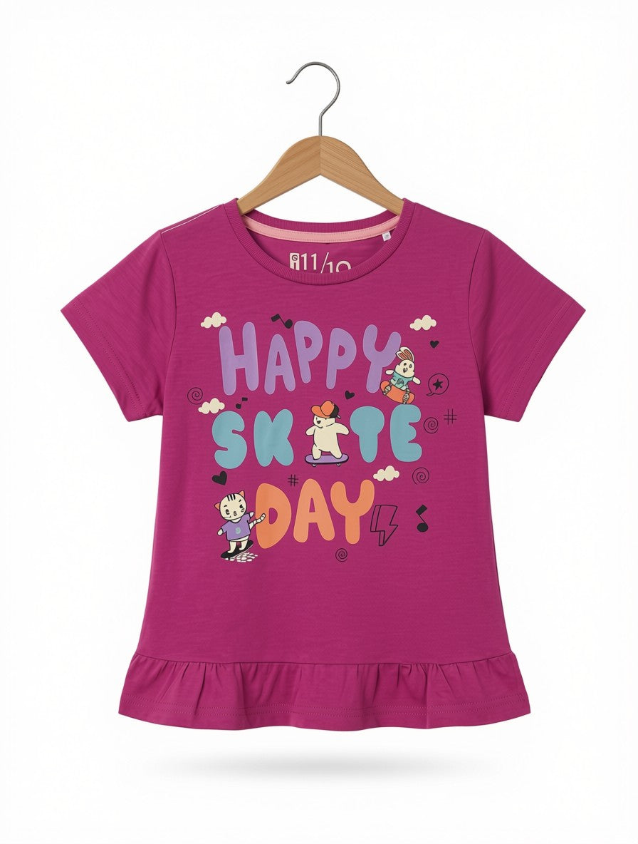 Preloved Kids "Happy Skate Day" Ruffled Graphic T-Shirt – Magenta Pink (Ages 3-4)