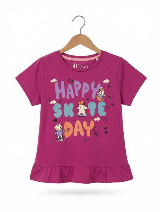 Preloved Kids "Happy Skate Day" Ruffled Graphic T-Shirt – Magenta Pink (Ages 3-4)
