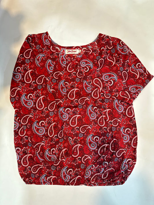John Baner Red Paisley Print Elastic Hem Short Sleeve Blouse