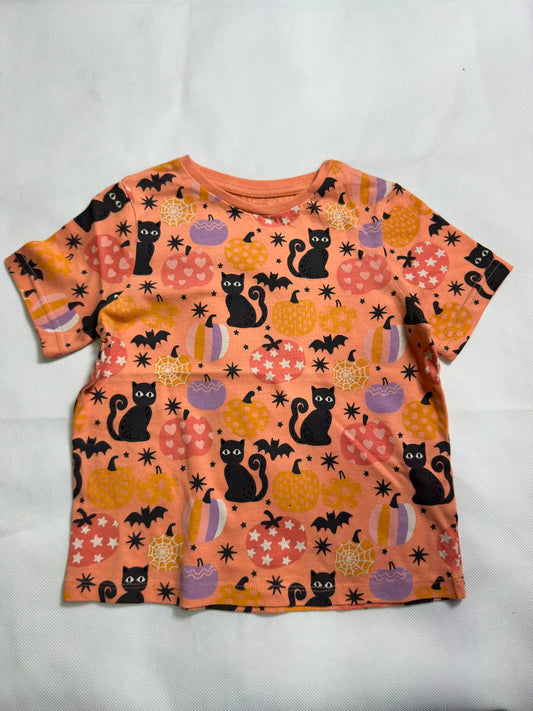 Preloved Baby Girls Peach Halloween Black Cat & Colorful Pumpkin All-Over Print T-Shirt