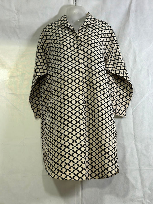 Preloved Off-White & Black Geometric Print Long Sleeve Button-Down Shirt Dress