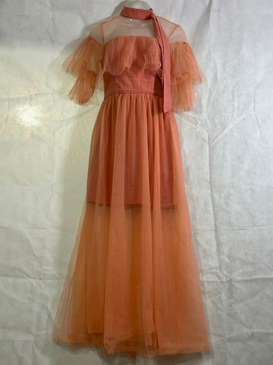 Preloved NWT True Decadence Petite Nude Peach Pleated Tulle Ruffle Neck-Tie Maxi Dress