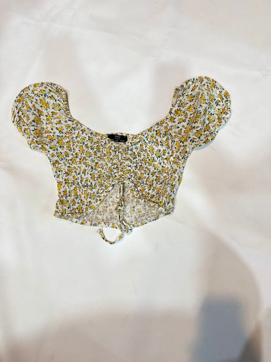 Ladies' Preloved Off-White Floral Smocked Drawstring Crop Top
