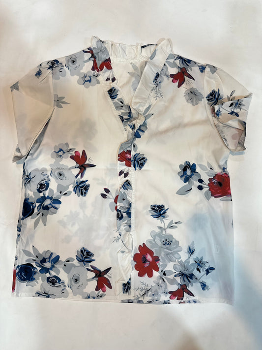 Ladies' Preloved Off-White Floral Ruffle Placket Silk-Blend Blouse