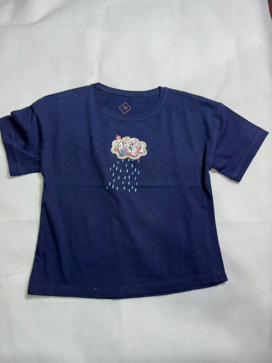 Preloved TEX Baby Girls Navy Blue Sequined Rain Cloud Graphic T-Shirt