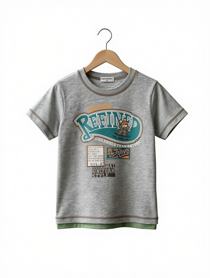 Preloved Blue Country Kids "Refined" Skater Graphic T-Shirt – Grey & Green Layered Look