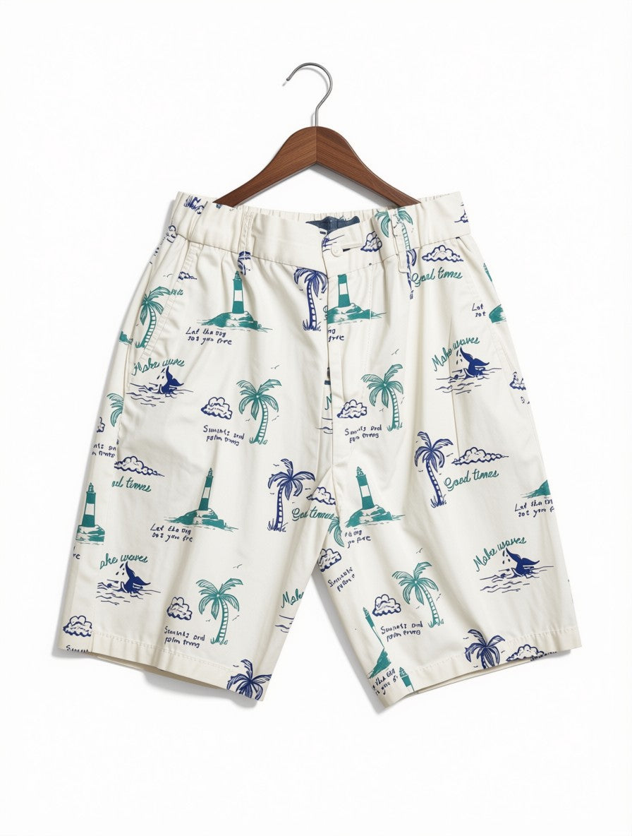 Boys Preloved Cream Nautical Lighthouse & Surf Casual Shorts (Size 8-9 Years)